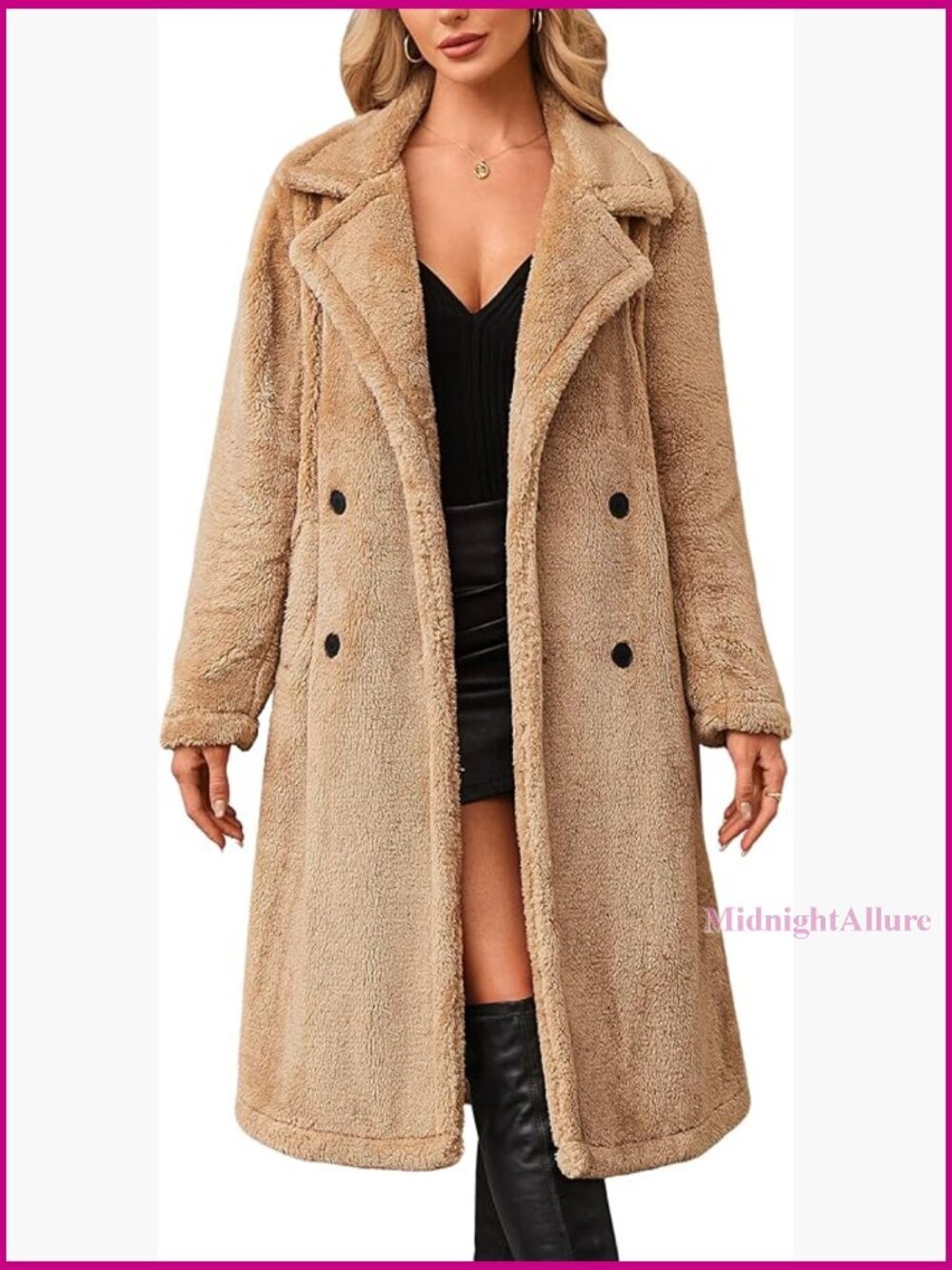 Faux Fur Lapel Cardigan Coat, Fuzzy Fleece Winter Jacket, Knee Length